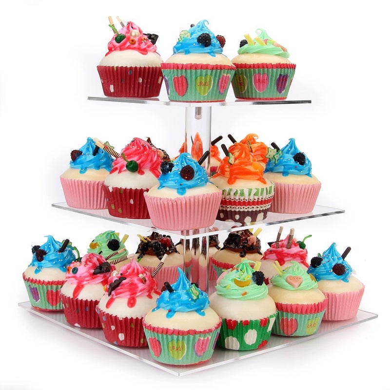 weddingwish 3 Tier Square Clear Acrylic Cupcake Stand, Clear Cupcake Display Stand Tower Tree, Tiered Cupcake Carrier Dessert Stands - Image 1